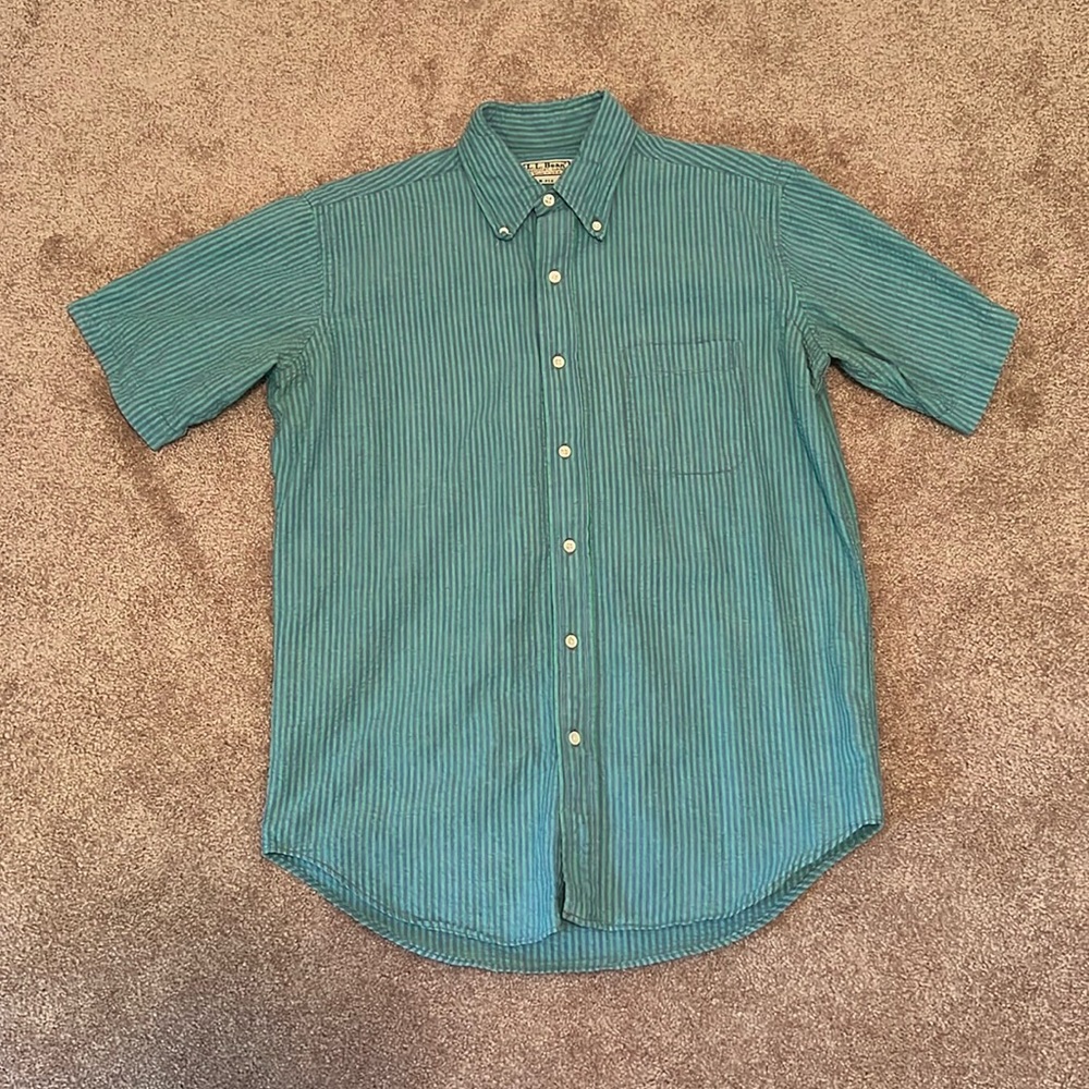 LL Bean Short Sleeve Seersucker Shirt Medium Green and Blue